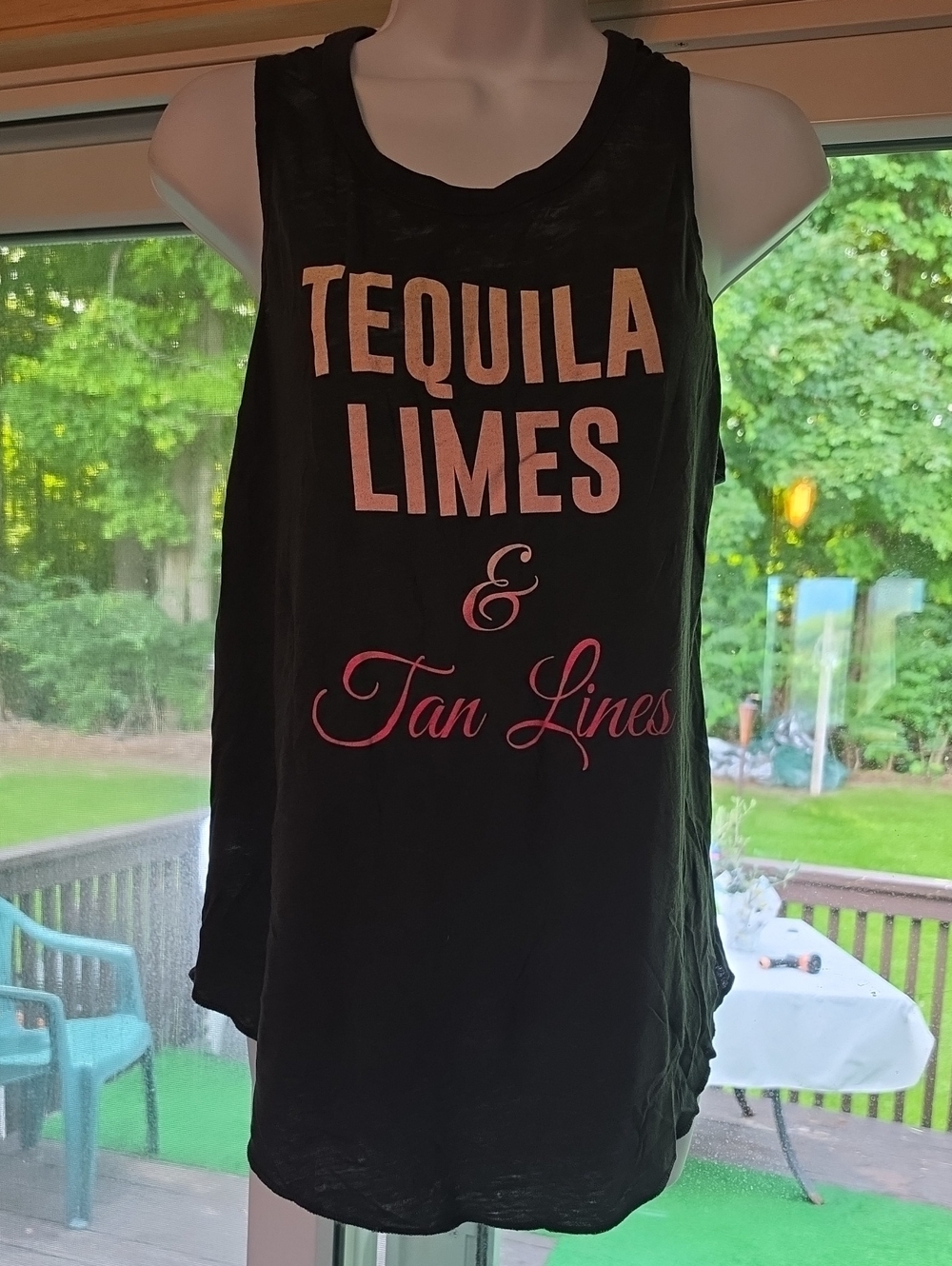Express One Eleve Black Tank with Pink & Beige Tequila Limes & Tan Lines